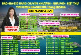 BÁO GIÁ GIỎ HÀNG CHUYỂN NHƯỢNG - NHÀ PHỐ - BIỆT THỰ - VINHOMES GRANDPARK Tháng 08/2024