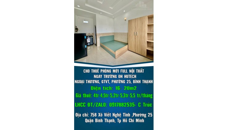 CHO THUÊ PHÒNG MỚI FULL NỘI THẤT NGAY TRƯỜNG ĐH HUTECH, NGOẠI THƯƠNG, GTVT