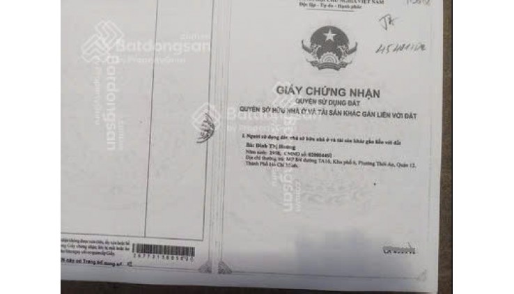 TÔI CHÍNH CHỦ BÁN GẤP NHÀ MỚI ĐẸP HẺM Ô TÔ VÀO TẬN NHÀ, TẠI PHƯỜNG THỚI AN, QUẬN 12, HCM.