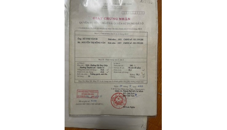 Quận 12 ! Chính Chủ Bán Nhà Góc 2 MT Hà Huy Giáp, Thạnh Lộc, Tel : 0939470669 ( chính chủ )