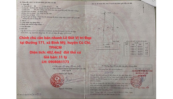 Chính chủ cần bán nhanh Lô Đất Vị trí Đẹp tại xã Bình Mỹ, huyện Củ Chi, TPHCM.