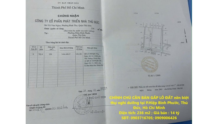 CHÍNH CHỦ CẦN BÁN GẤP LÔ ĐẤT nền biệt thự nghỉ dưỡng tại P.Hiệp Bình Phước, Thủ Đức, Hồ Chí Minh