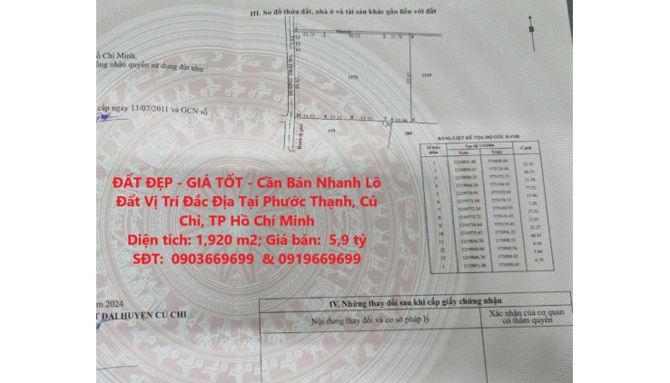 ĐẤT ĐẸP - GIÁ TỐT - Cần Bán Nhanh Lô Đất Vị Trí Đắc Địa Tại Phước Thạnh, Củ Chi, TP Hồ Chí Minh