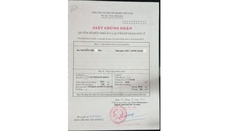 CHỦ CẦN TIỀN GẤP, BÁN NHÀ MT Ụ CÂY, DT 101.8M2 (5.1 X 20M), 2 TẦNG, GIÁ CHỈ 7.2 TỶ,[ P10Q8]